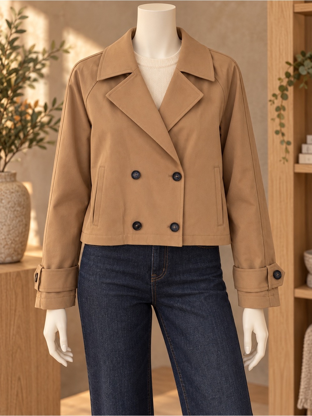 Kenneth Cole Cropped Double-Breasted Trench Coat in Tan